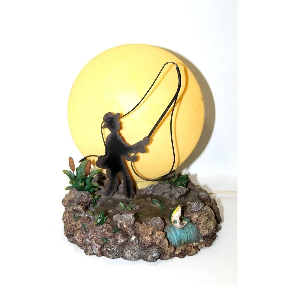 Fly Fishing Man Moon River Nautical Vintage Fisherman Table Lamp 8 X 7 Cabin